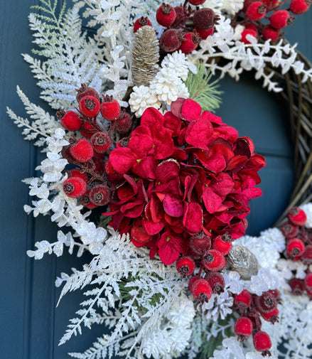 AVAILABLE IN STORE - Red Winter Berry & Hydrangea Holiday Wreath