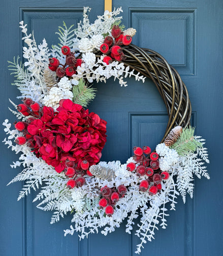 AVAILABLE IN STORE - Red Winter Berry & Hydrangea Holiday Wreath