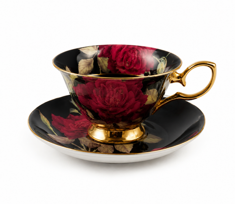 Gold Black Stem Rose 7oz Bone China Tea Cup and Saucer