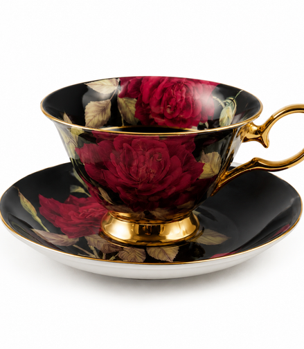 Gold Black Stem Rose 7oz Bone China Tea Cup and Saucer