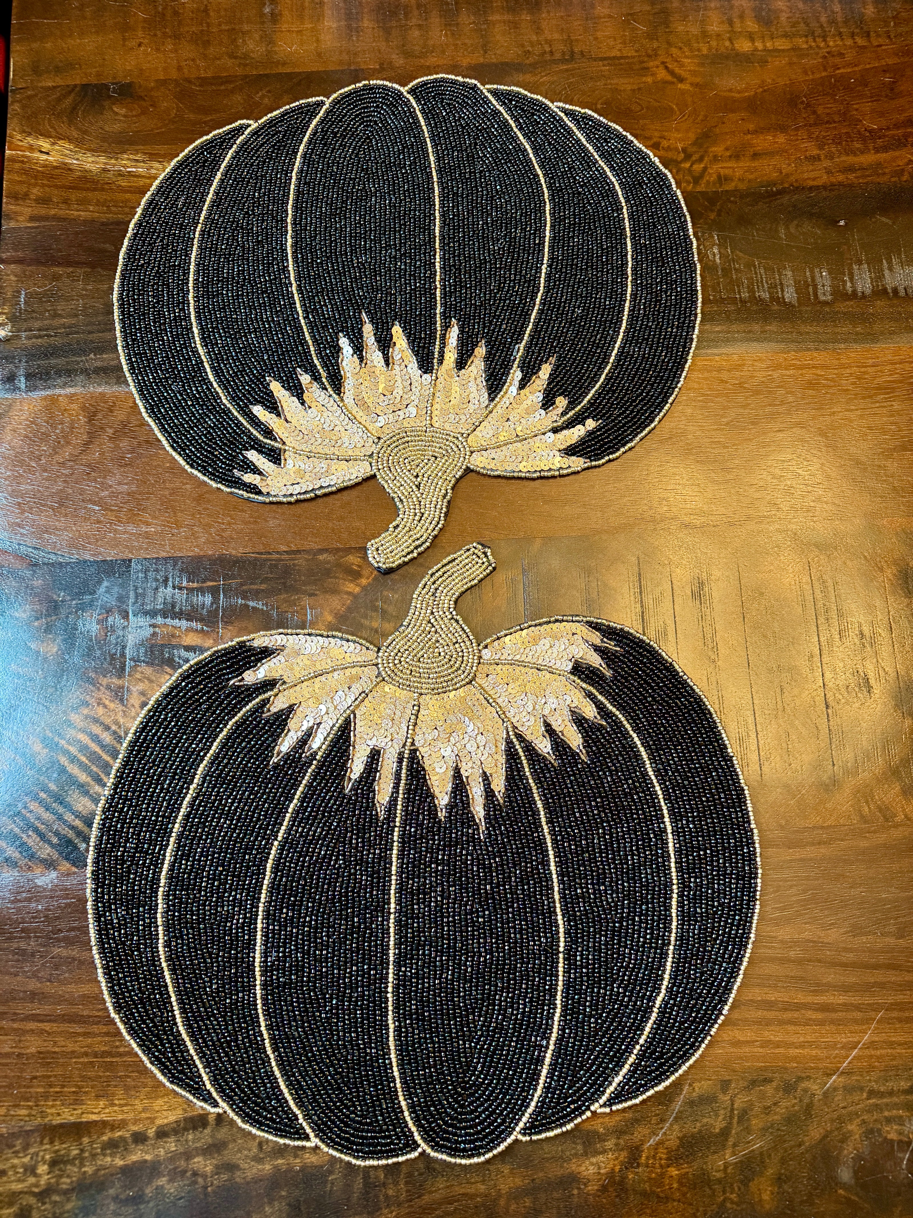 Set of 2 TAHARI HOME Black and Gold Sequin/Beaded Pumpkin Charger