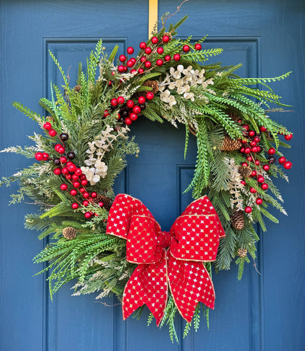AVAILABLE IN STORE - Classic Holiday Wreath with Red Bow & Berries