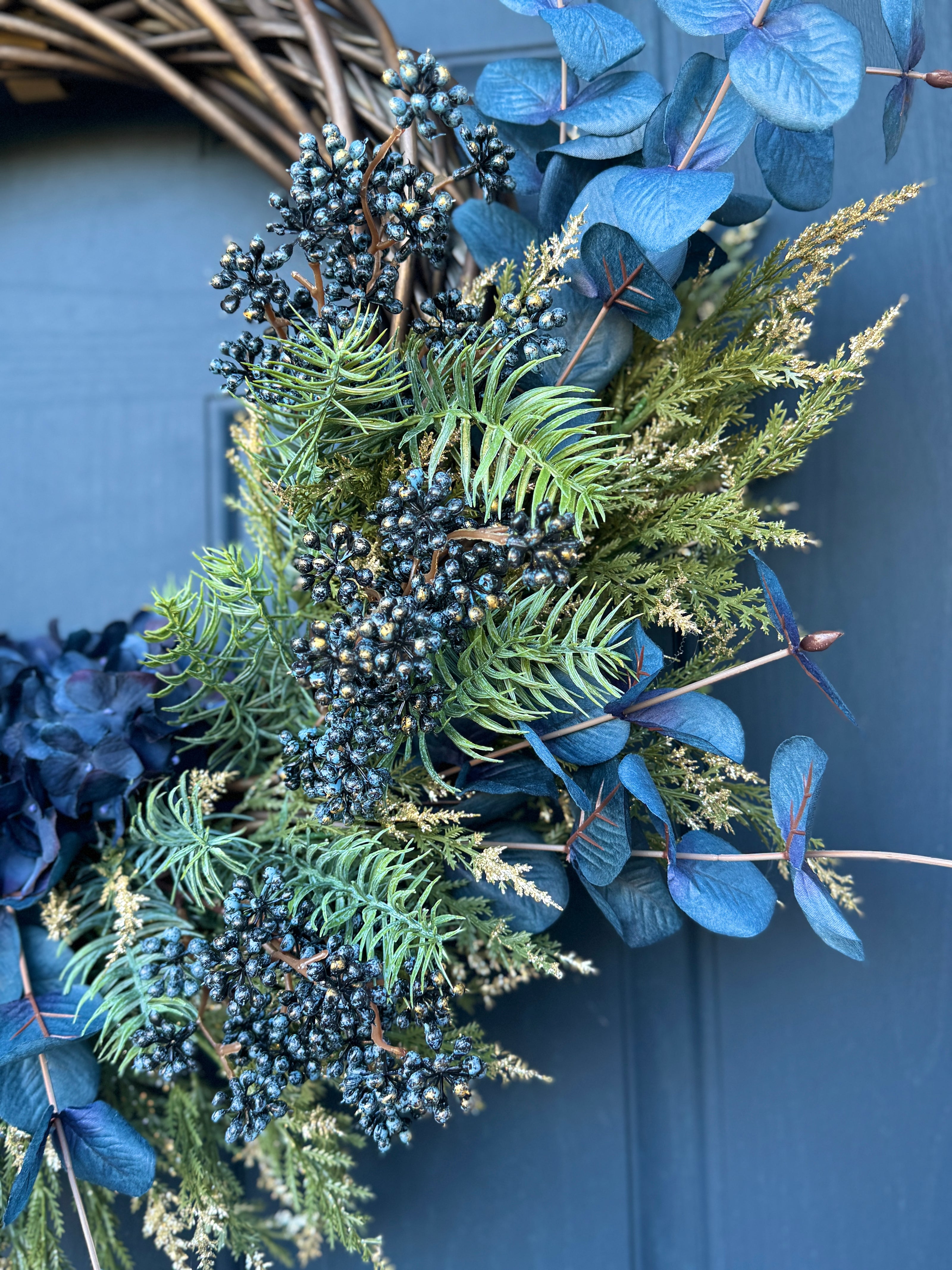 AVAILABLE IN STORE - Elegant Blue Botanical Wreath – Eucalyptus, Fern & Hydrangea Accent