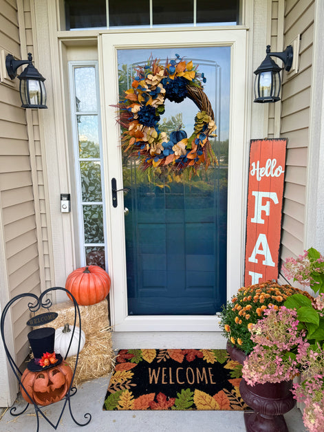 Midnight Harvest Fall Wreath – Navy and Gold Autumn Door Décor with Velvet Pumpkin