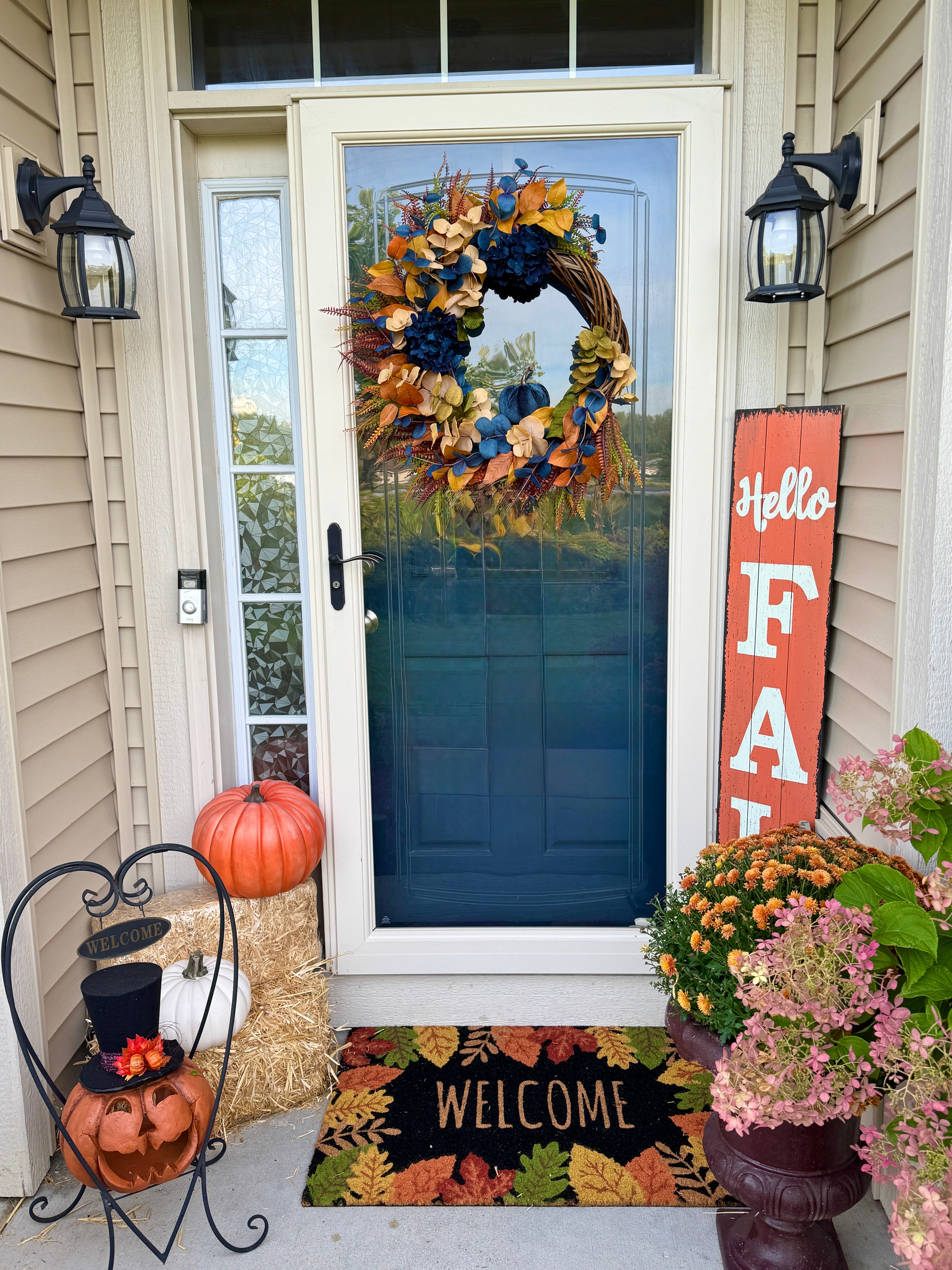 Midnight Harvest Fall Wreath – Navy and Gold Autumn Door Décor with Velvet Pumpkin