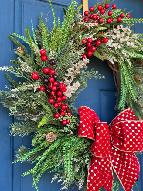 AVAILABLE IN STORE - Classic Holiday Wreath with Red Bow & Berries