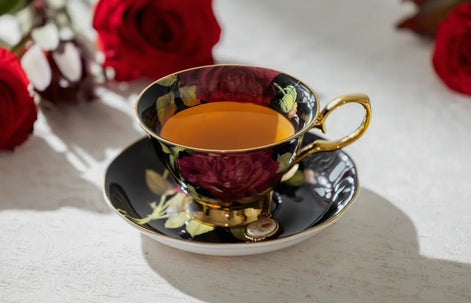 Gold Black Stem Rose 7oz Bone China Tea Cup and Saucer