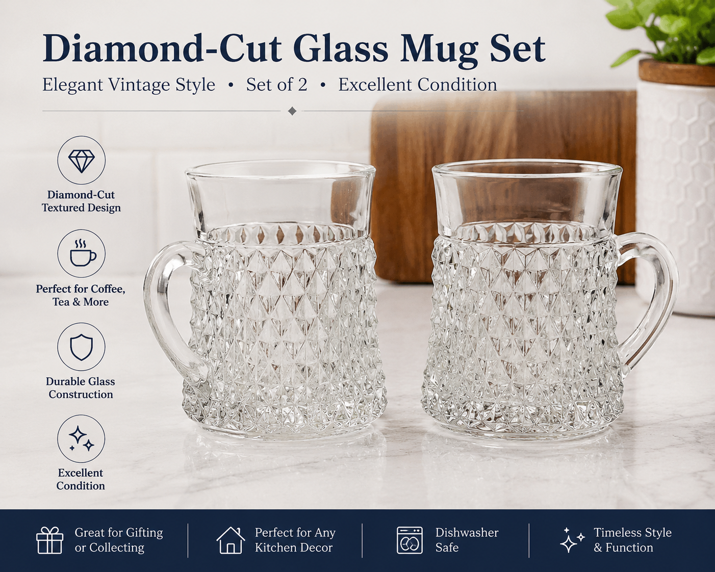 Diamond-Cut Glass Mugs (Set of 2)