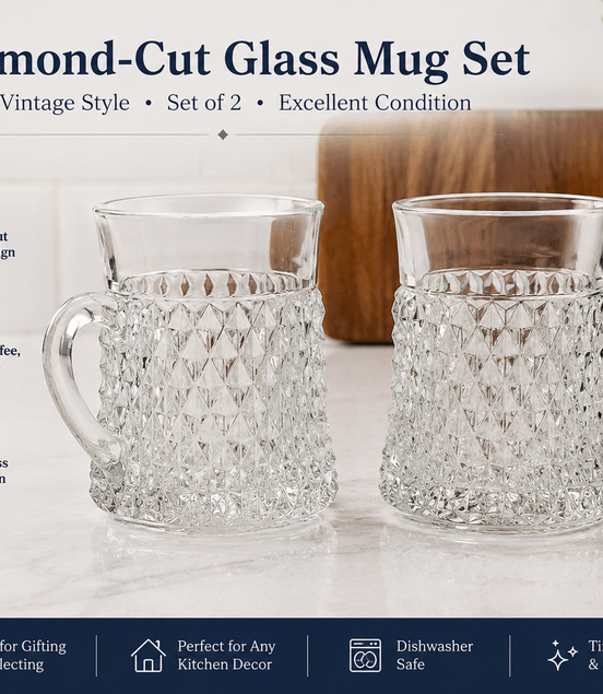 Vintage Diamond-Cut Glass Mugs (Set of 2)