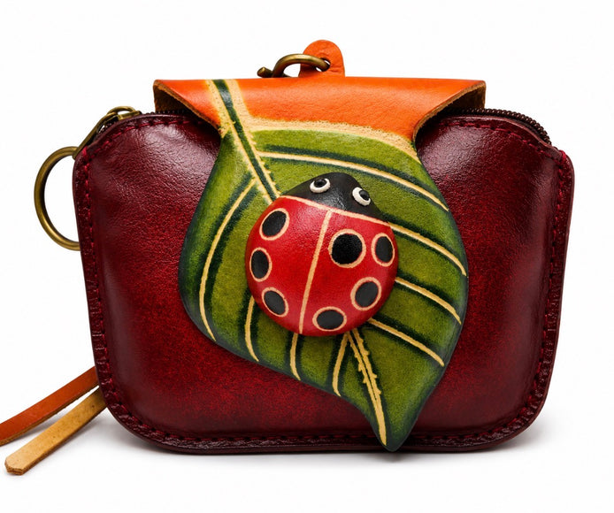 Handmade Leather Ladybug Coin Purse Wristlet Keychain Zipper Pouch Animal Wallet