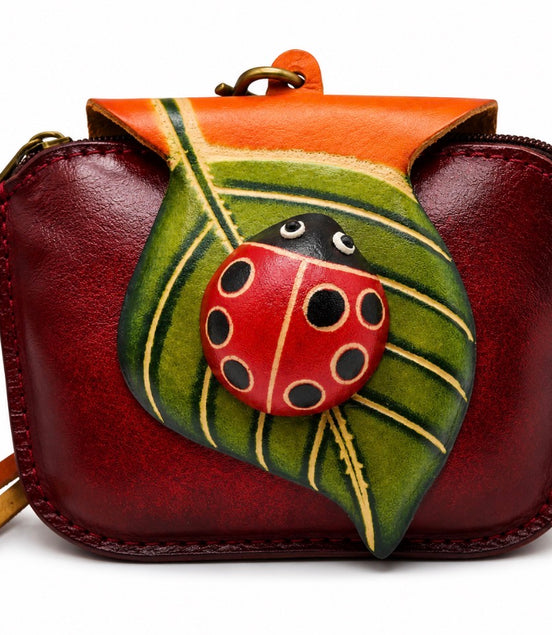 Handmade Leather Ladybug Coin Purse Wristlet Keychain Zipper Pouch Animal Wallet